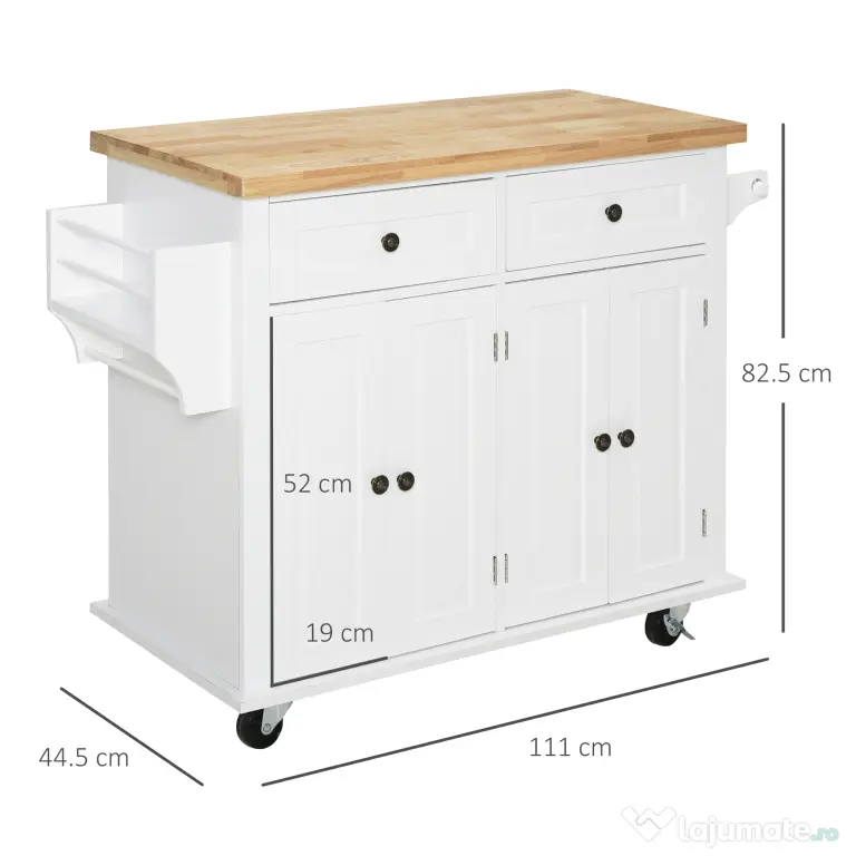 HOMCOM Carucior Bucatarie Sertare Dulapuri 4 Roti Lemn 111x44.5x82.5cm Alb | Aosom Romania