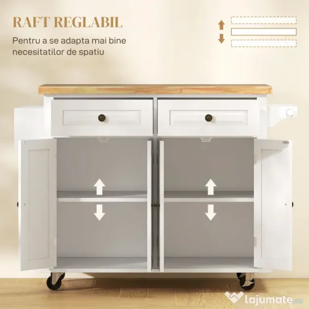 HOMCOM Carucior Bucatarie Sertare Dulapuri 4 Roti Lemn 111x44.5x82.5cm Alb | Aosom Romania