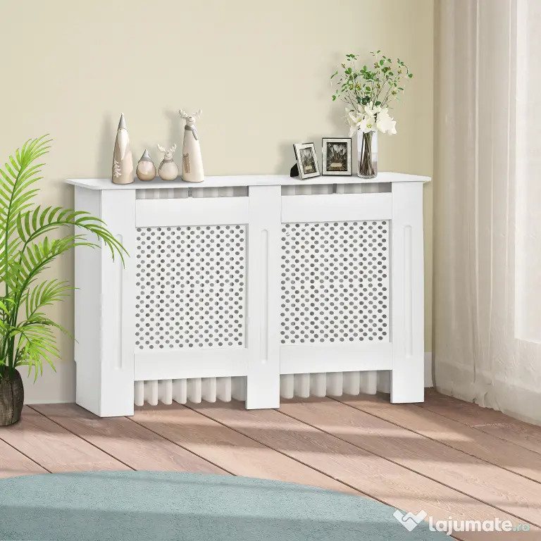 HOMCOM Carcasă Modernă pentru Calorifer, Model cu Gratii din MDF, Design cu Lamele pentru Casă și Birou, 111,5x82x19 cm, Alb | Aosom Romania