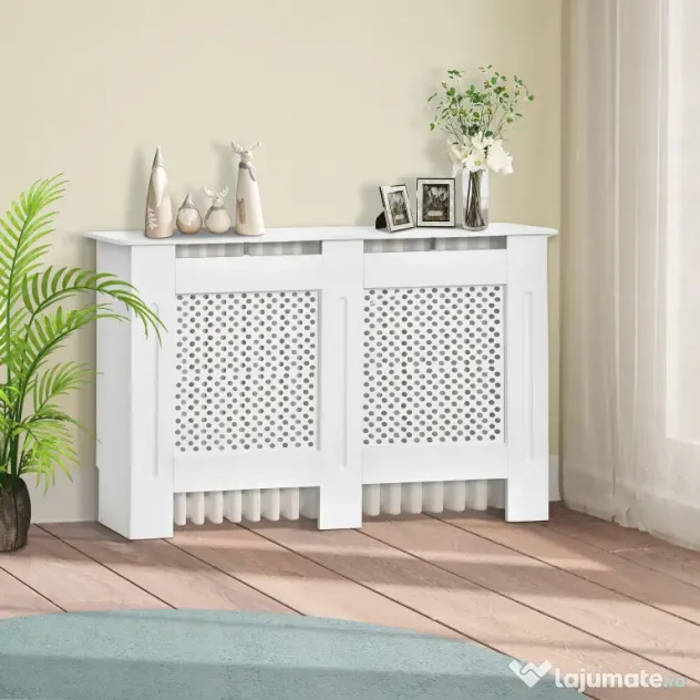 HOMCOM Carcasă Modernă pentru Calorifer, Model cu Gratii din MDF, Design cu Lamele pentru Casă și Birou, 111,5x82x19 cm, Alb | Aosom Romania