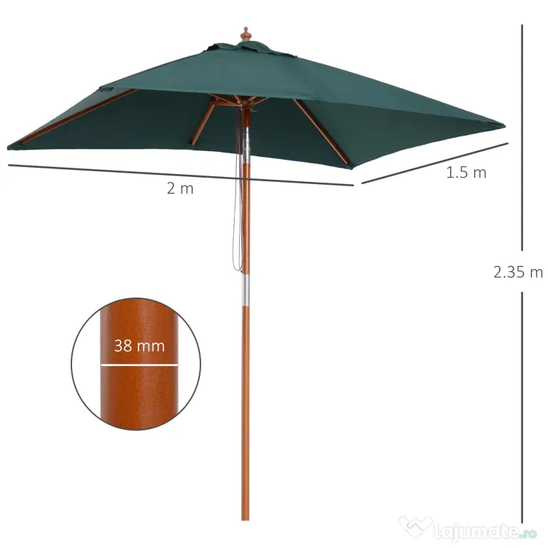 Umbrela Dreptunghiulara Outsunny din Bambus, 2x1.5x2,3m | Aosom Romania