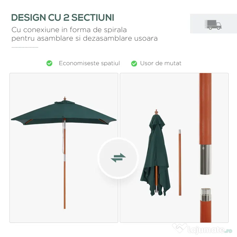 Umbrela Dreptunghiulara Outsunny din Bambus, 2x1.5x2,3m | Aosom Romania
