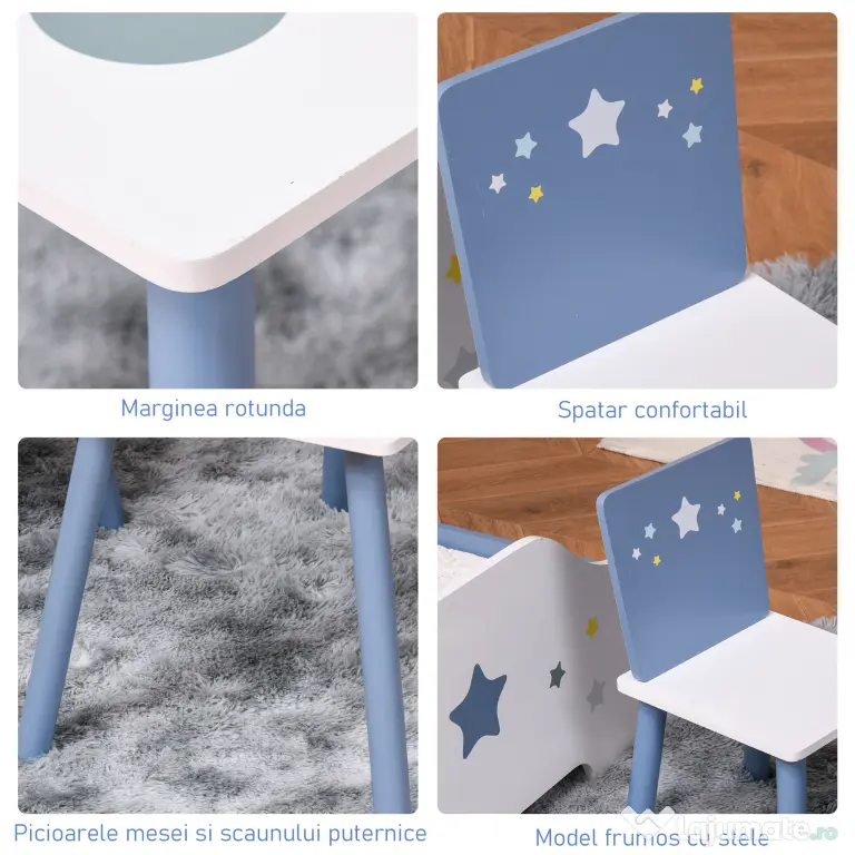 HOMCOM Mobilier Copii 2-6 Ani, Masă și Scaune în Nuanțe de Albastru Deschis și Alb | Aosom Romania