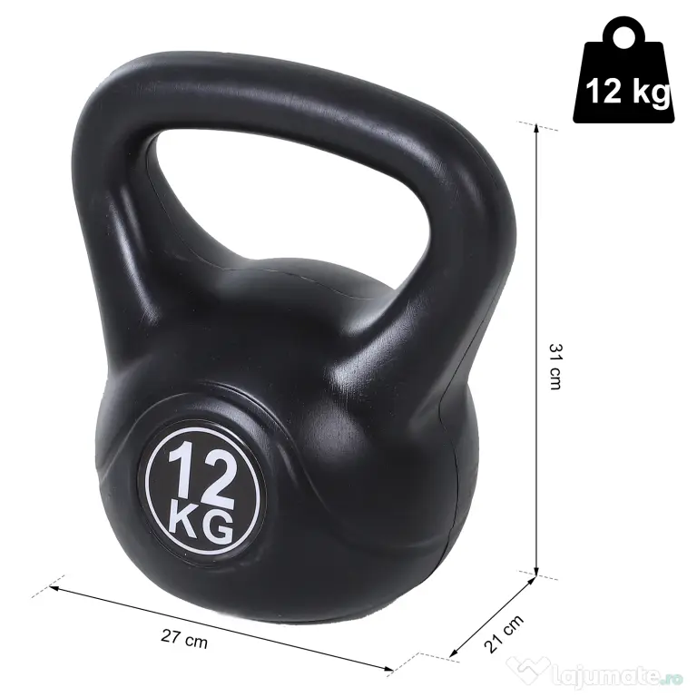 HOMCOM gantera kettlebell 12 kg, 27x21x31cm negru | Aosom Romania
