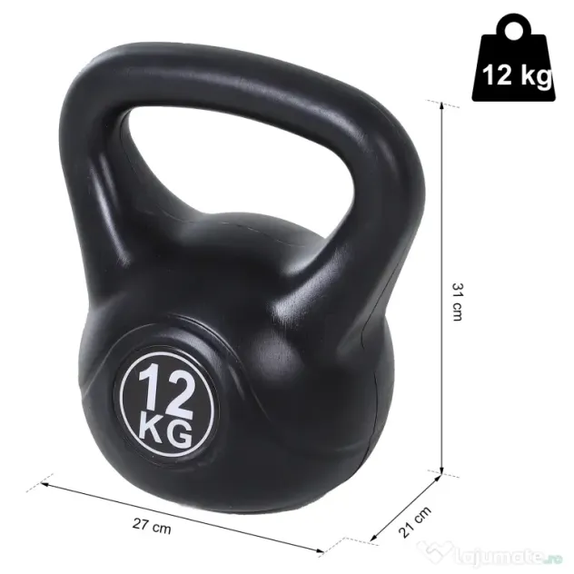 HOMCOM gantera kettlebell 12 kg, 27x21x31cm negru | Aosom Romania