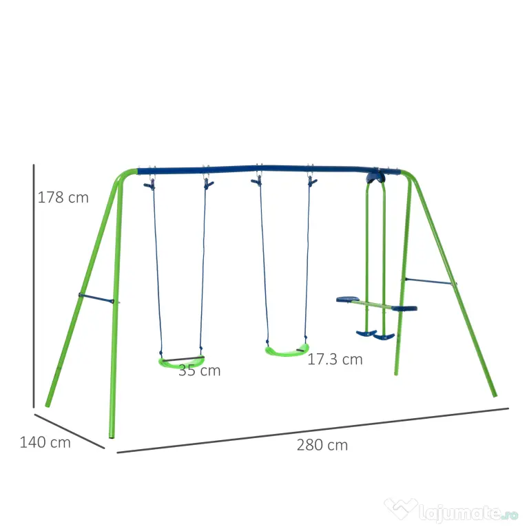 Outsunny Set Leagăn de Grădină cu Leagăn Dublu și 2 Leagăne Simple, 280x140x178 cm, Verde | Aosom Romania