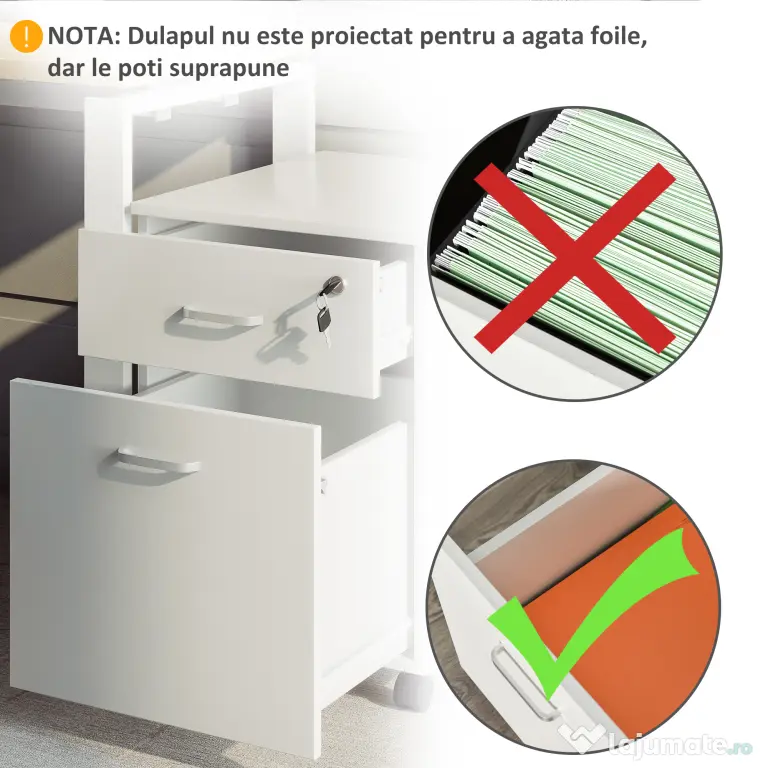 Vinsetto Dulap cu sertare, cu 2 Sertare și 5 Roti, Fiset Birou cu Încuietoare, Design Modern, Culoare Lemn | Aosom Romania