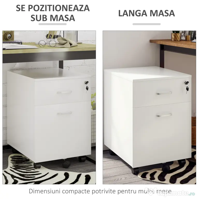 Vinsetto Dulap cu sertare, cu 2 Sertare și 5 Roti, Fiset Birou cu Încuietoare, Design Modern, Culoare Lemn | Aosom Romania