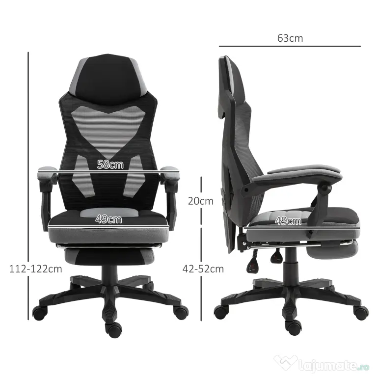 Vinsetto Scaun de Birou Ergonomic Reclinabil cu Suport Picioare Retractabil, Gri | Aosom Romania