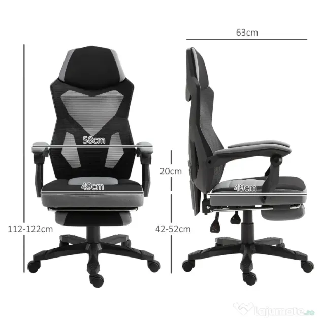 Vinsetto Scaun de Birou Ergonomic Reclinabil cu Suport Picioare Retractabil, Gri | Aosom Romania