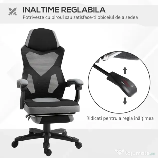 Vinsetto Scaun de Birou Ergonomic Reclinabil cu Suport Picioare Retractabil, Gri | Aosom Romania