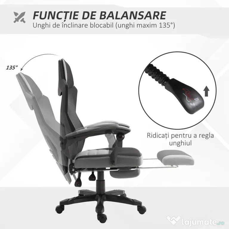 Vinsetto Scaun de Birou Ergonomic Reclinabil cu Suport Picioare Retractabil, Gri | Aosom Romania