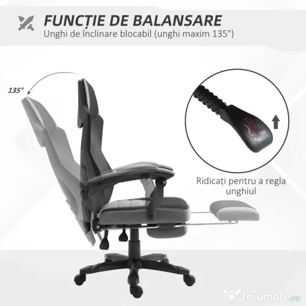 Vinsetto Scaun de Birou Ergonomic Reclinabil cu Suport Picioare Retractabil, Gri | Aosom Romania