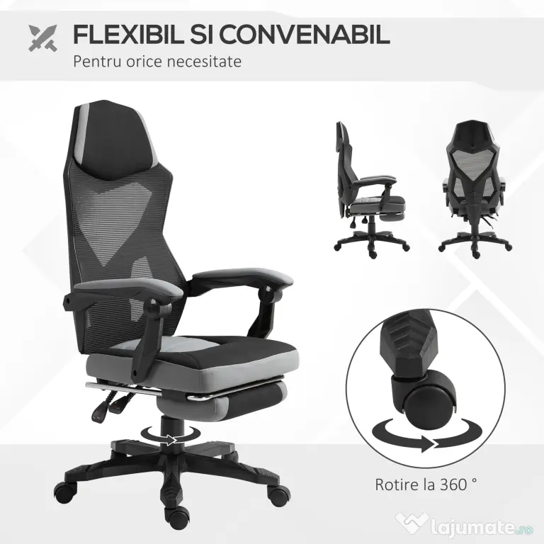 Vinsetto Scaun de Birou Ergonomic Reclinabil cu Suport Picioare Retractabil, Gri | Aosom Romania