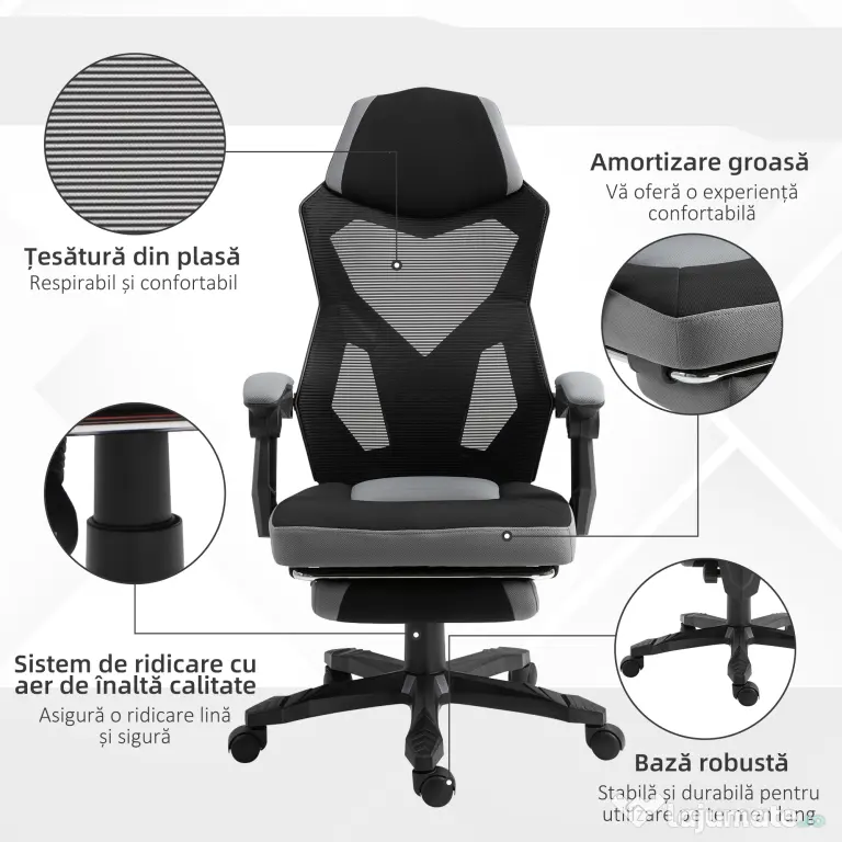 Vinsetto Scaun de Birou Ergonomic Reclinabil cu Suport Picioare Retractabil, Gri | Aosom Romania