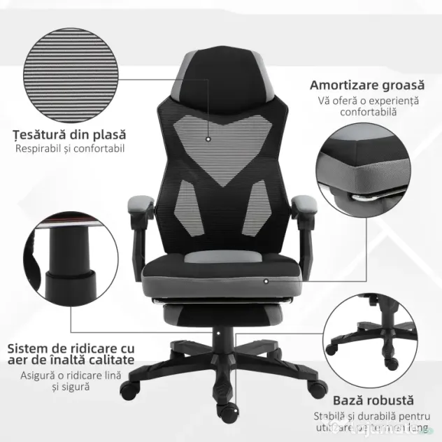 Vinsetto Scaun de Birou Ergonomic Reclinabil cu Suport Picioare Retractabil, Gri | Aosom Romania
