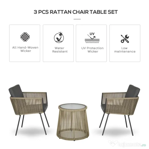 Outsunny Set Mobilier de Grădină cu 2 Șezlonguri Recliner pentru Exterior, cu Pernă Căptușită din PE, 196x65x22 cm, Gri | Aosom Romania