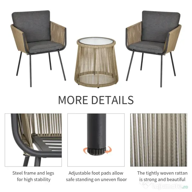 Outsunny Set Mobilier de Grădină cu 2 Șezlonguri Recliner pentru Exterior, cu Pernă Căptușită din PE, 196x65x22 cm, Gri | Aosom Romania