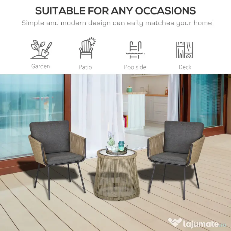 Outsunny Set Mobilier de Grădină cu 2 Șezlonguri Recliner pentru Exterior, cu Pernă Căptușită din PE, 196x65x22 cm, Gri | Aosom Romania