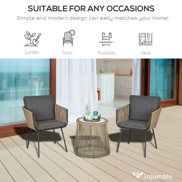 Outsunny Set Mobilier de Grădină cu 2 Șezlonguri Recliner pentru Exterior, cu Pernă Căptușită din PE, 196x65x22 cm, Gri | Aosom Romania