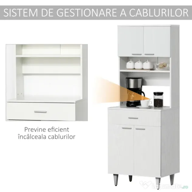 HOMCOM Dulap Mare de Bucătărie Clasic, Design Elegant din Lemn, Finisaj Alb, Spațios și Versatil, Ideal pentru Orice Bucătărie | Aosom Romania
