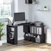 HOMCOM Birou Colțar cu Blat Rotativ la 360° și 5 Rafturi, 120x110x74,5 cm, Negru