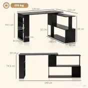 HOMCOM Birou Colțar cu Blat Rotativ la 360° și 5 Rafturi, 120x110x74,5 cm, Negru