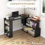 HOMCOM Birou Colțar cu Blat Rotativ la 360° și 5 Rafturi, 120x110x74,5 cm, Negru