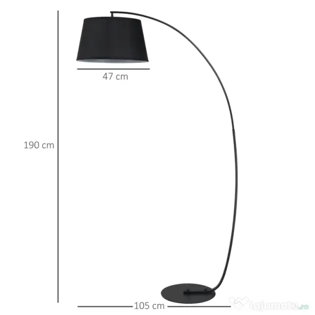 HOMCOM Lampa de Podea Arc Inalta, Design Modern cu Abajur din Tesatura si Baza Metalica, Comutator cu Pedala, Negru | Aosom Romania