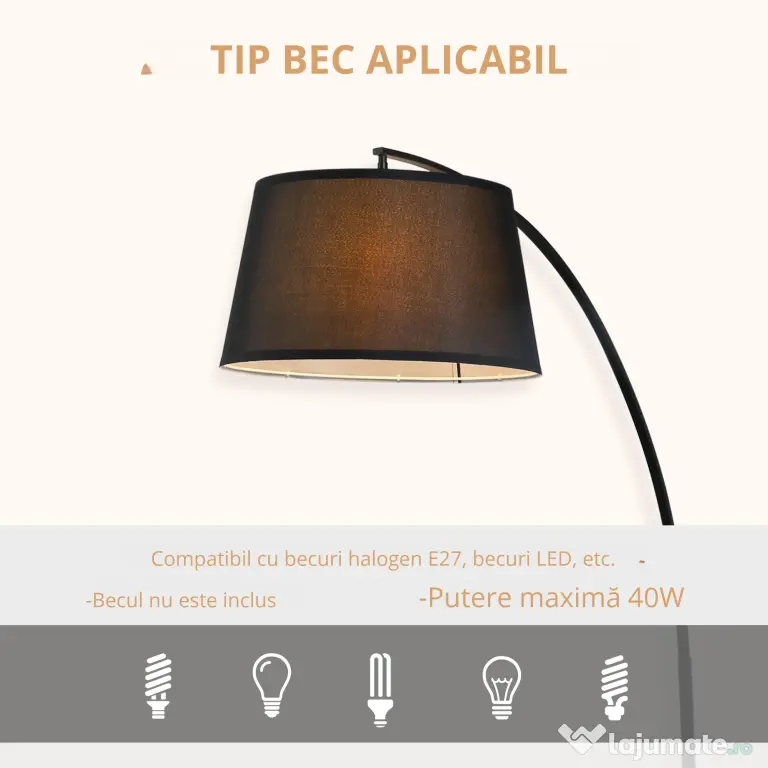 HOMCOM Lampa de Podea Arc Inalta, Design Modern cu Abajur din Tesatura si Baza Metalica, Comutator cu Pedala, Negru | Aosom Romania