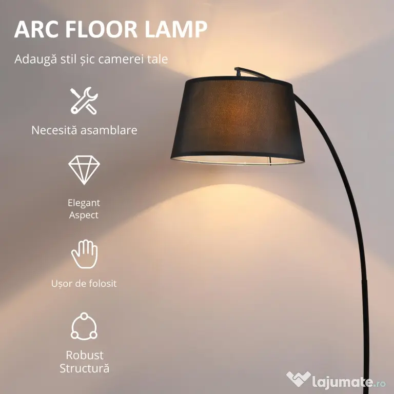HOMCOM Lampa de Podea Arc Inalta, Design Modern cu Abajur din Tesatura si Baza Metalica, Comutator cu Pedala, Negru | Aosom Romania