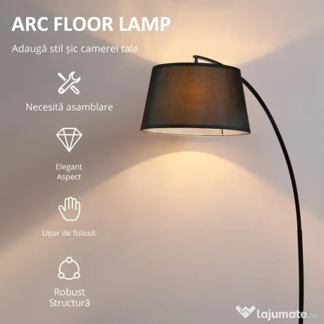 HOMCOM Lampa de Podea Arc Inalta, Design Modern cu Abajur din Tesatura si Baza Metalica, Comutator cu Pedala, Negru | Aosom Romania