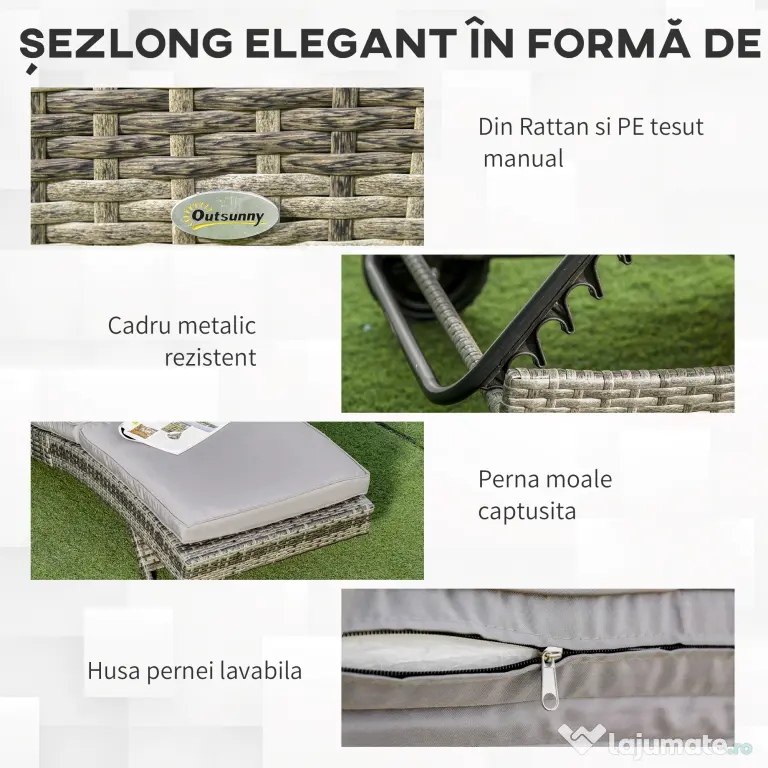Outsunny Șezlong de Grădina din Ratan, Șezlong pentru Plajă cu Spătar Reglabil și Pernă Capitonată, 207x70x70 cm, Gri