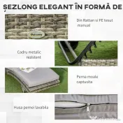 Outsunny Șezlong de Grădina din Ratan, Șezlong pentru Plajă cu Spătar Reglabil și Pernă Capitonată, 207x70x70 cm, Gri 