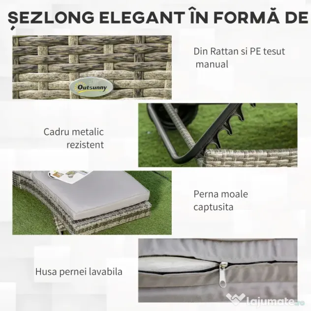 Outsunny Șezlong de Grădina din Ratan, Șezlong pentru Plajă cu Spătar Reglabil și Pernă Capitonată, 207x70x70 cm, Gri