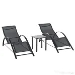 Outsunny Set 2 Șezlonguri de Grădină și Măsuță cu Raft, Material Respirabil și Cadru Metalic, 59x169x66 cm, Negru