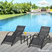 Outsunny Set 2 sezlonguri si masuta cu blat din sticla, sezlong pentru gradina din material respirabil si metal, 59x169x66 cm, negru 
