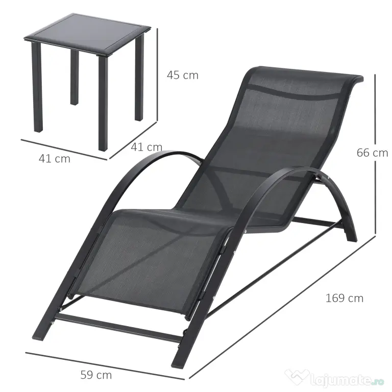 Outsunny Set 2 sezlonguri si masuta cu blat din sticla, sezlong pentru gradina din material respirabil si metal, 59x169x66 cm, negru