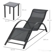 Outsunny Set 2 sezlonguri si masuta cu blat din sticla, sezlong pentru gradina din material respirabil si metal, 59x169x66 cm, negru 