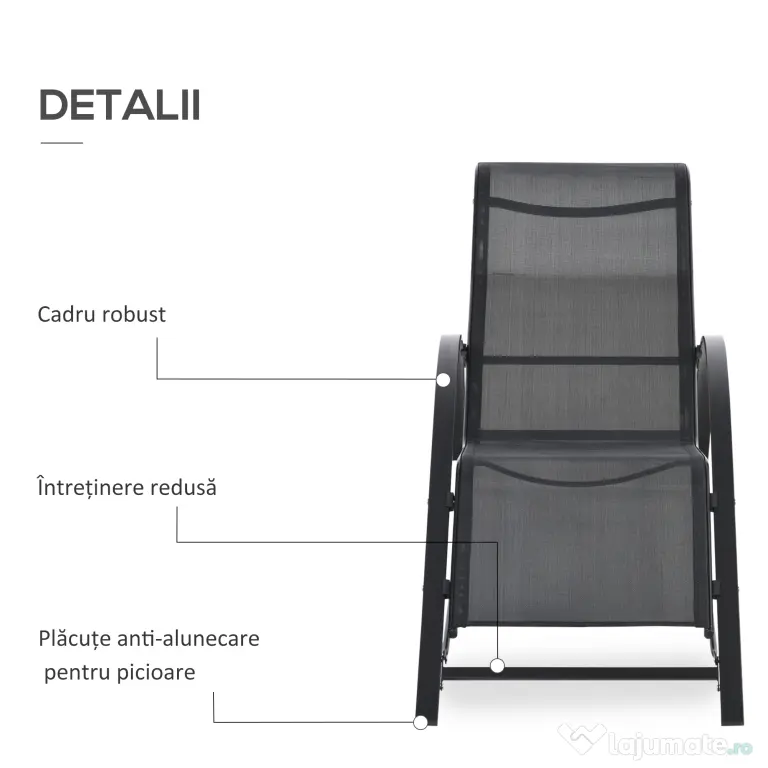 Outsunny Set 2 sezlonguri si masuta cu blat din sticla, sezlong pentru gradina din material respirabil si metal, 59x169x66 cm, negru
