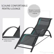 Outsunny Set 2 sezlonguri si masuta cu blat din sticla, sezlong pentru gradina din material respirabil si metal, 59x169x66 cm, negru 