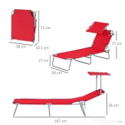 Outsunny Sezlong de Gradina cu Baldachin Reglabul, Sezlong pentru Plaja Pliabil Rabatabil pe 4 Niveluri, Rosu 