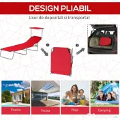 Outsunny Sezlong de Gradina cu Baldachin Reglabul, Sezlong pentru Plaja Pliabil Rabatabil pe 4 Niveluri, Rosu 