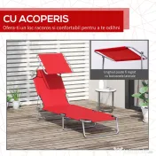 Outsunny Sezlong de Gradina cu Baldachin Reglabul, Sezlong pentru Plaja Pliabil Rabatabil pe 4 Niveluri, Rosu 