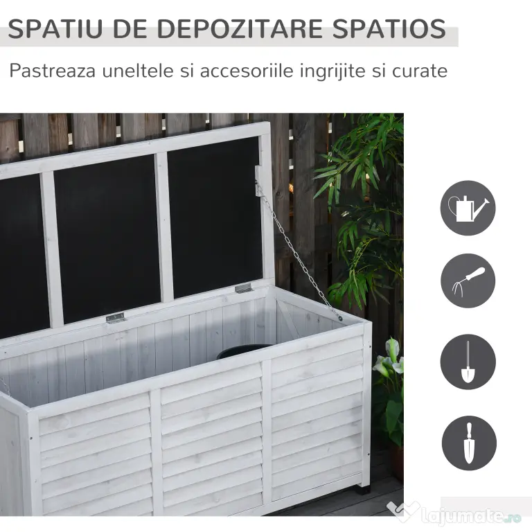 Outsunny Banca Gradina 127×56×60 cm – Lemn Alb cu Spatiu Depozitare