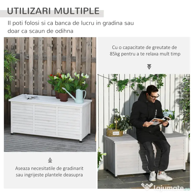 Outsunny Banca Gradina 127×56×60 cm – Lemn Alb cu Spatiu Depozitare