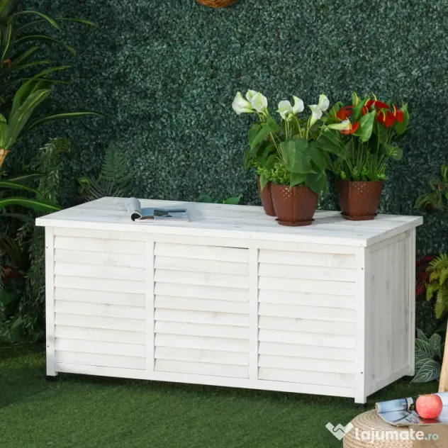 Outsunny Banca Gradina 127×56×60 cm – Lemn Alb cu Spatiu Depozitare