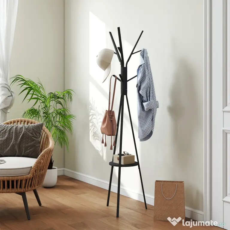 HOMCOM Cuier în Formă de Pom Design Modern, Metal Negru, Ideal pentru Hol, 45x45x180 cm | Aosom Romania