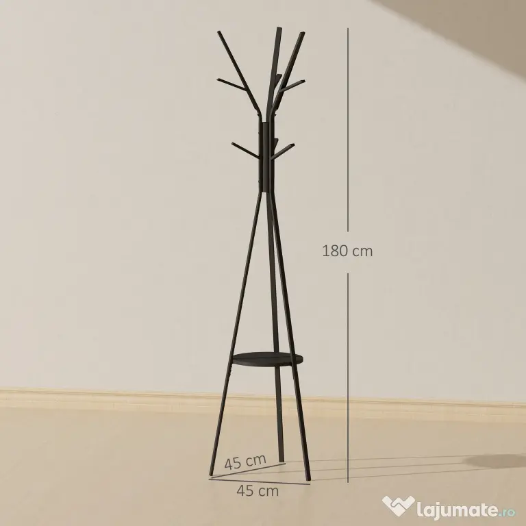 HOMCOM Cuier în Formă de Pom Design Modern, Metal Negru, Ideal pentru Hol, 45x45x180 cm | Aosom Romania