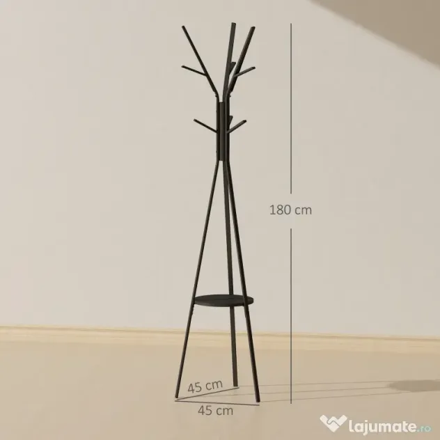 HOMCOM Cuier în Formă de Pom Design Modern, Metal Negru, Ideal pentru Hol, 45x45x180 cm | Aosom Romania